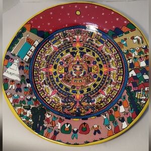 Vintage 16" Mexican Folk Art Plate Wall Decor Hand Painted Terracotta Pottery